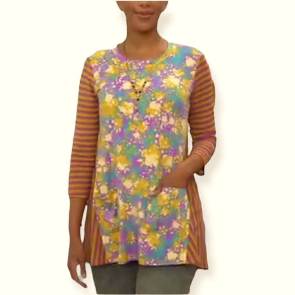 LOGO by Lori Goldstein Rayon 230 Top with Striped Sleeves